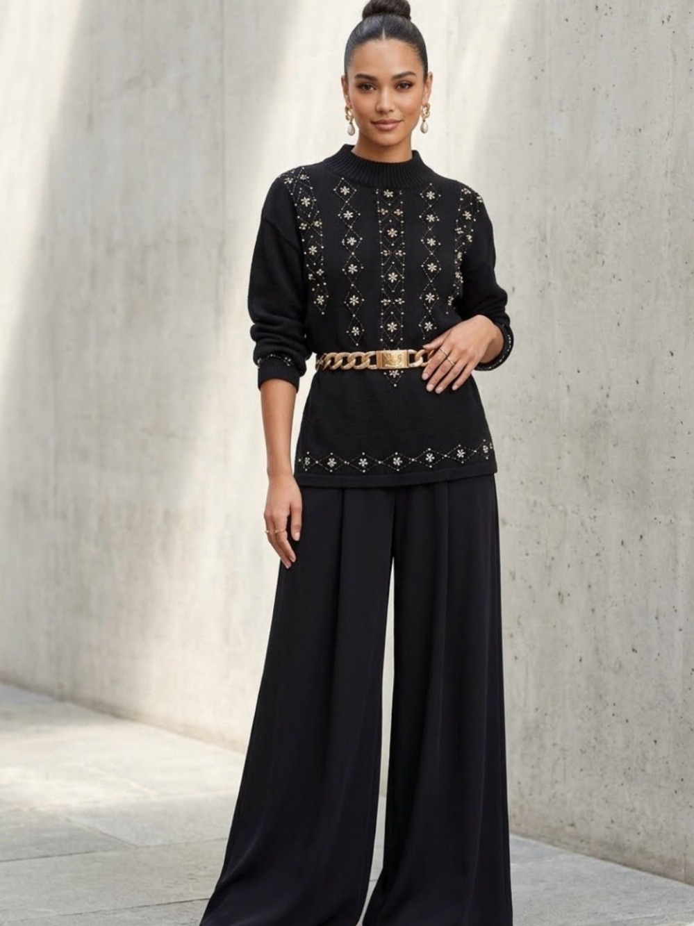 Vintage OHI Black Knitwear Sweater with Gold Sparkly Beadwork in a Star Motif
